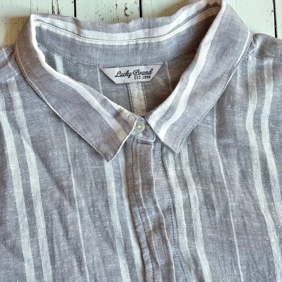 Lucky Brand Linen Blend Stripe Button Up Shirt Raglan Sleeve Neutral Men’s XL - Picture 3 of 11